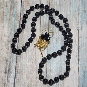 Vintage Black thread wrapped Brooch and Necklace.